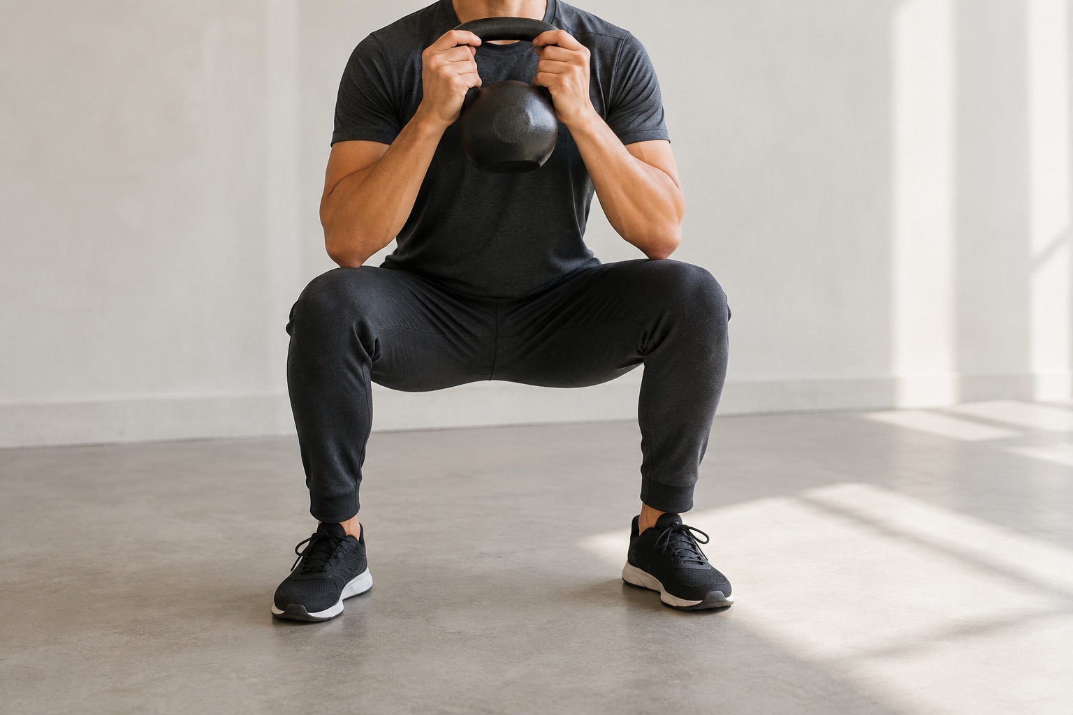 An adult practicing a controlled goblet squat with a kettlebell
