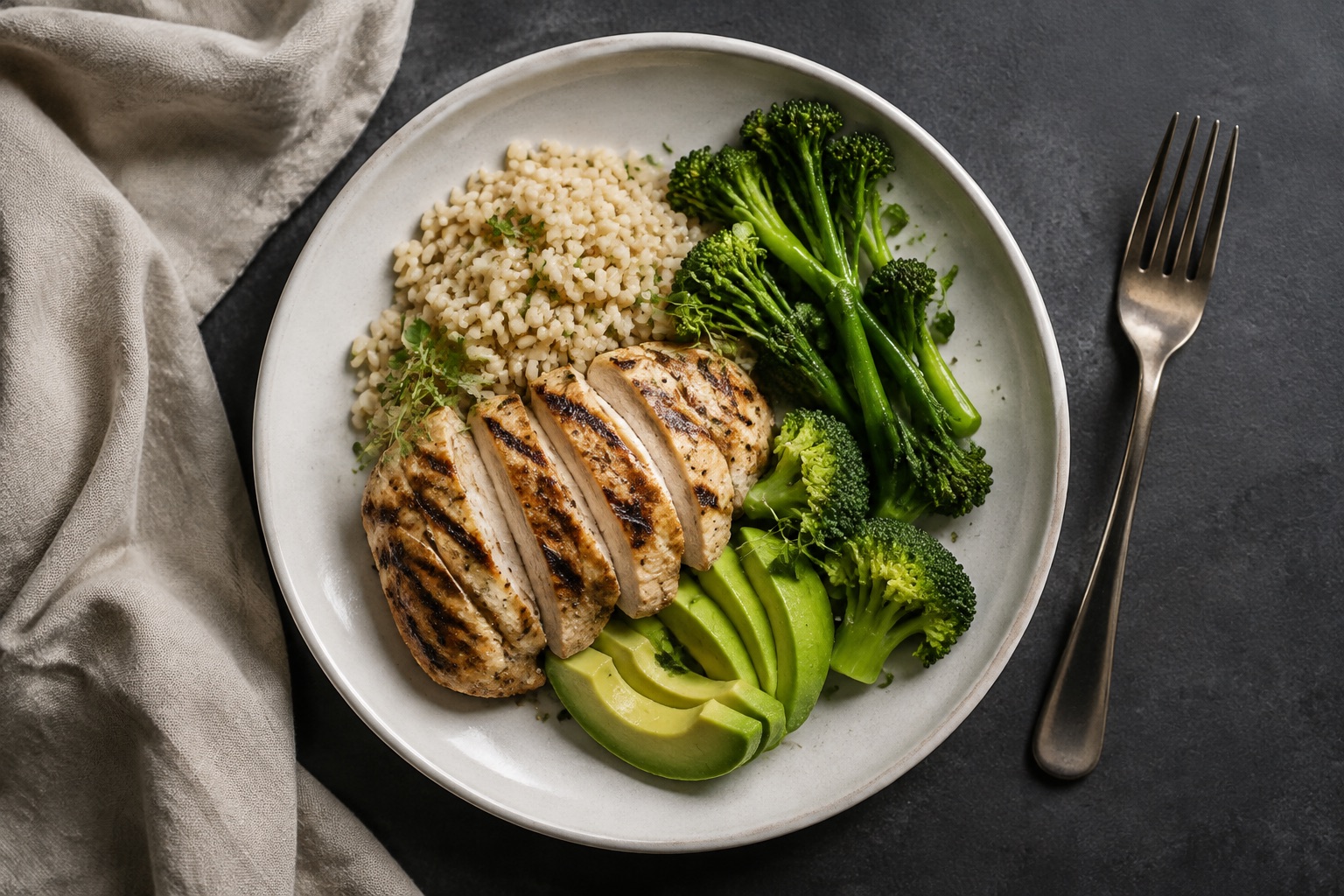 A plate of grilled chicken, grains, avocado, and green vegetables