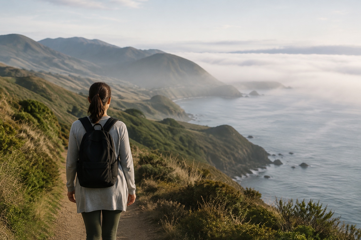 A hiker following a coastal path above the Pacific shoreline