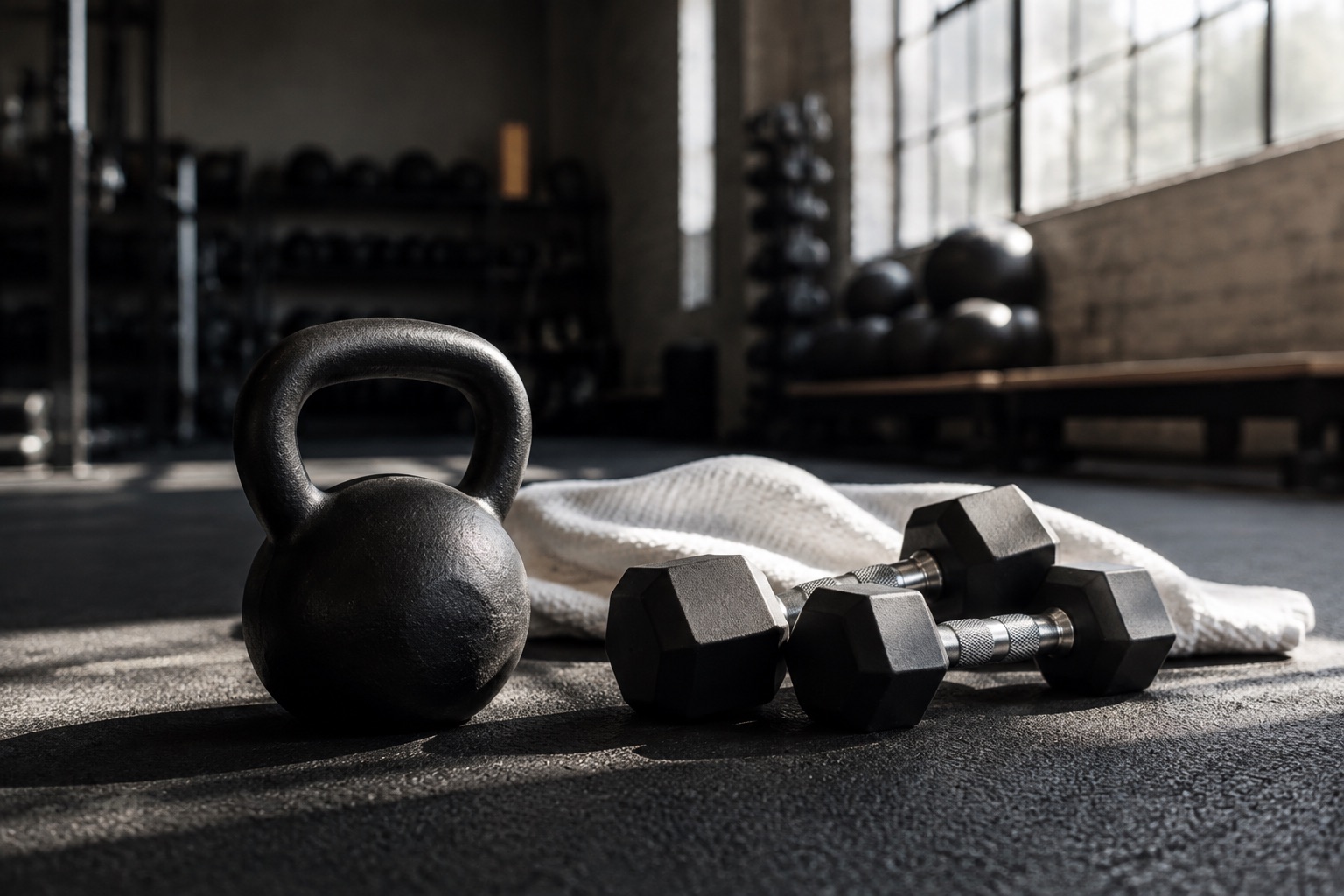 Black strength-training equipment in a naturally lit studio